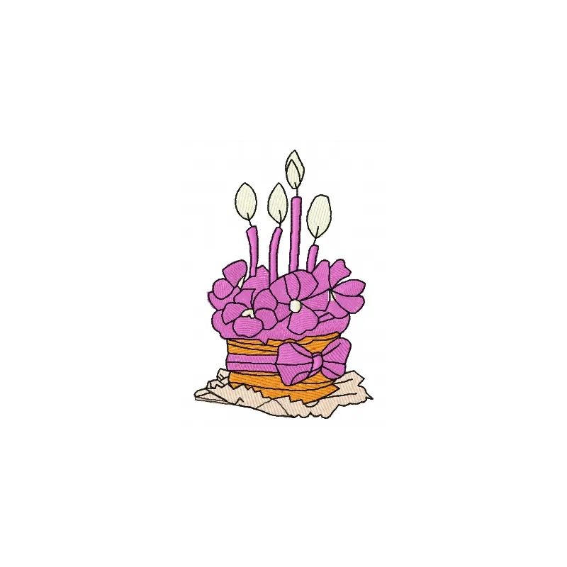 Birthday cake embroidery design showcasing a colorful cake with candles, perfect for kitchen-themed projects.