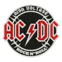 AC/DC round logo embroidery design showcased on fabric, perfect for music-themed projects and apparel.