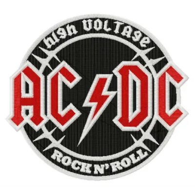 AC/DC round logo embroidery design showcased on fabric, perfect for music-themed projects and apparel.