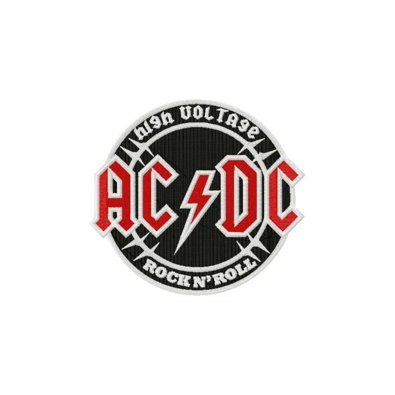 AC/DC round logo embroidery design showcased on fabric, perfect for music-themed projects and apparel.