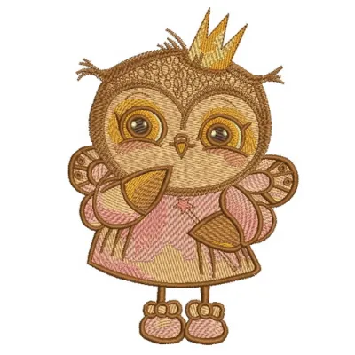Charming owl princess embroidery design featuring whimsical details, perfect for stitching on t-shirts and baby onesies.