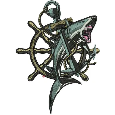 Shark and anchor embroidery design featuring playful sea life motifs for creative stitching projects.
