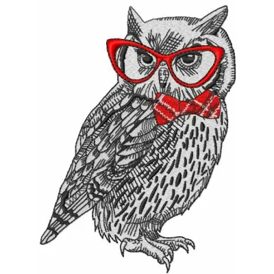 Embroidery design featuring a polar owl wearing glasses, perfect for stitching on apparel and accessories.