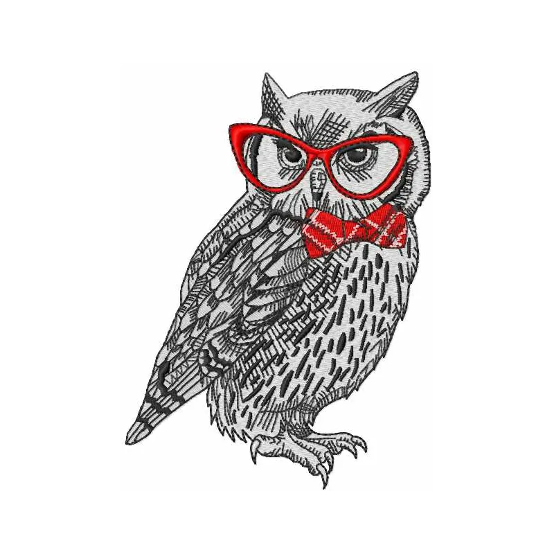 Embroidery design featuring a polar owl wearing glasses, perfect for stitching on apparel and accessories.