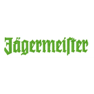 Jägermeister wordmark logo embroidery design showcased on fabric, ideal for drink-themed projects and gifts.