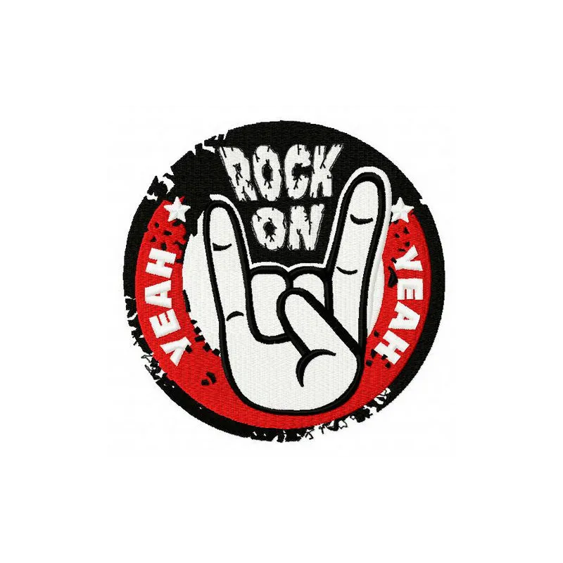 Rock on embroidery design featuring musical elements, perfect for stitching on t-shirts and hoodies.