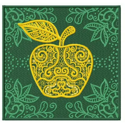 Apple embroidery design preview showcasing a vibrant stitched motif of a fresh apple, perfect for various fabric projects.