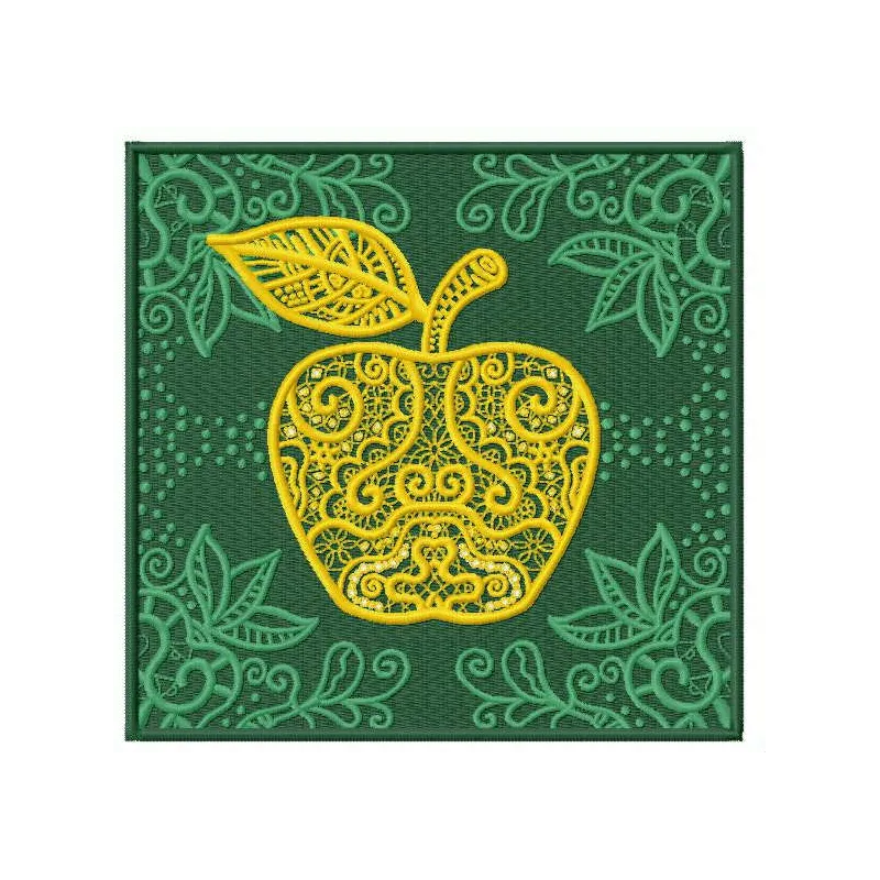 Apple embroidery design preview showcasing a vibrant stitched motif of a fresh apple, perfect for various fabric projects.