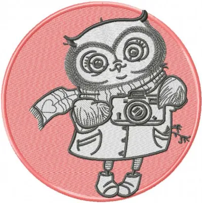 Owl photographer embroidery design showcasing a whimsical owl with a camera, ideal for creative stitching projects.