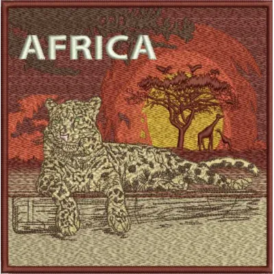 Preview of African savanna embroidery design featuring wildlife motifs for stitching on apparel and home decor.