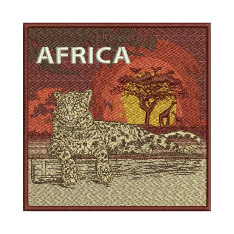 Preview of African savanna embroidery design featuring wildlife motifs for stitching on apparel and home decor.