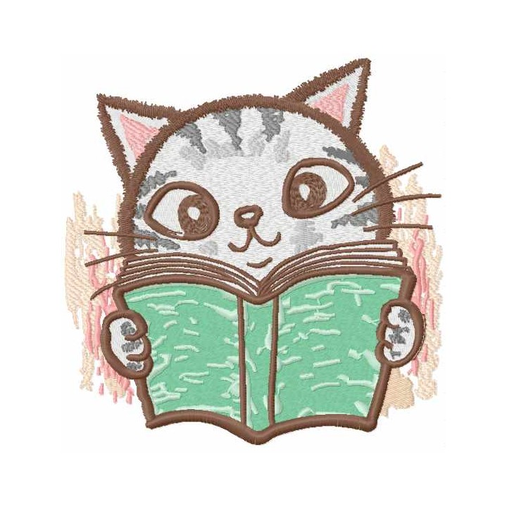 Cat reading blue book embroidery design - Embroidery Design