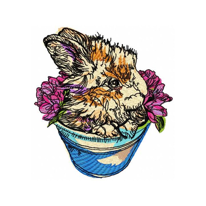 Rabbit in flower pot embroidery design - Embroidery Design