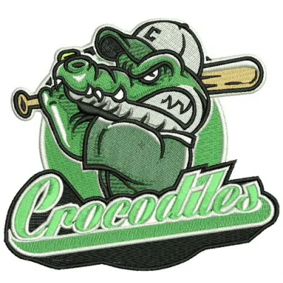 Crocodiles baseball mascot embroidery design featuring a playful crocodile character, perfect for team apparel.