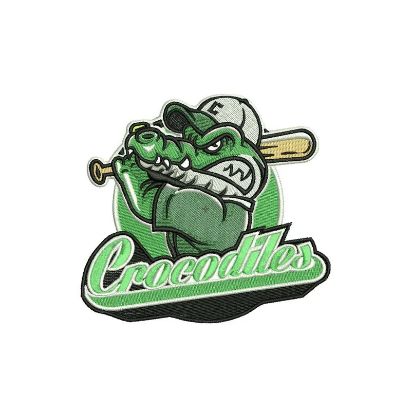 Crocodiles baseball mascot embroidery design featuring a playful crocodile character, perfect for team apparel.