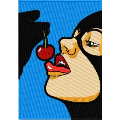 Embroidered design featuring a Catwoman-like cherry motif, ideal for stitching on apparel and accessories.