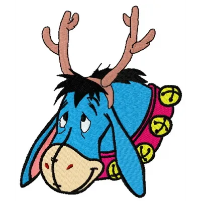 Eeyore with deer horns embroidery design, a whimsical holiday pattern for festive stitching projects.