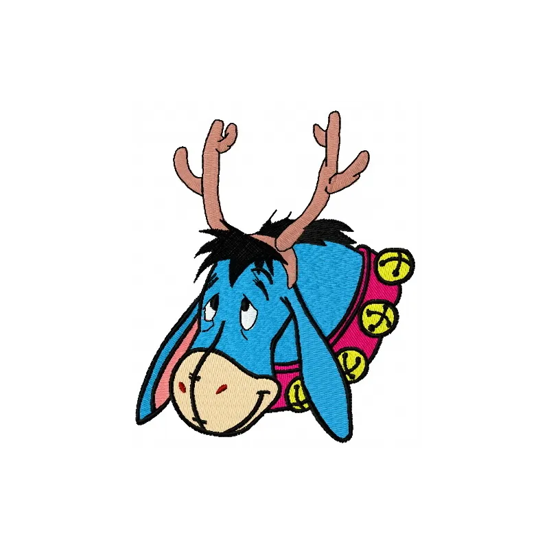 Eeyore with deer horns embroidery design, a whimsical holiday pattern for festive stitching projects.