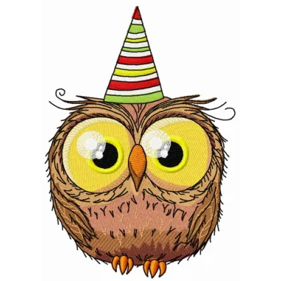 Owl's first birthday embroidery design featuring a whimsical owl motif, ideal for baby onesies or birthday decorations.