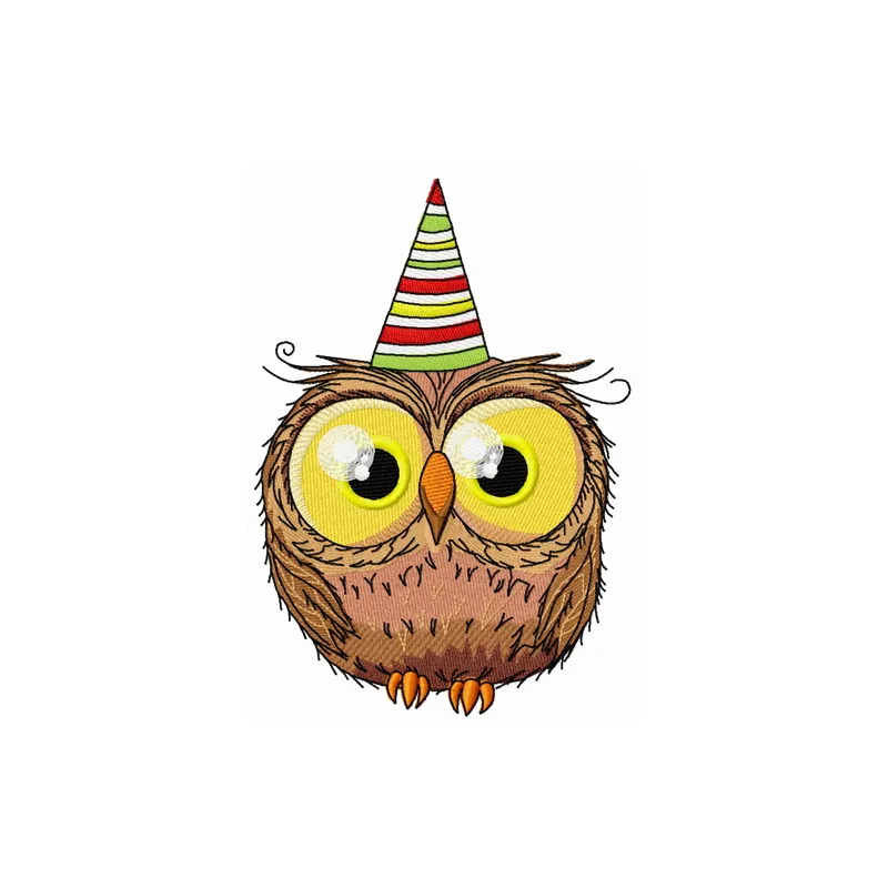 Owl's first birthday embroidery design featuring a whimsical owl motif, ideal for baby onesies or birthday decorations.