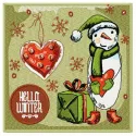 Hello winter embroidery design featuring a cheerful snowman, ideal for holiday projects and winter-themed stitching.