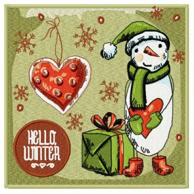 Hello winter embroidery design featuring a cheerful snowman, ideal for holiday projects and winter-themed stitching.