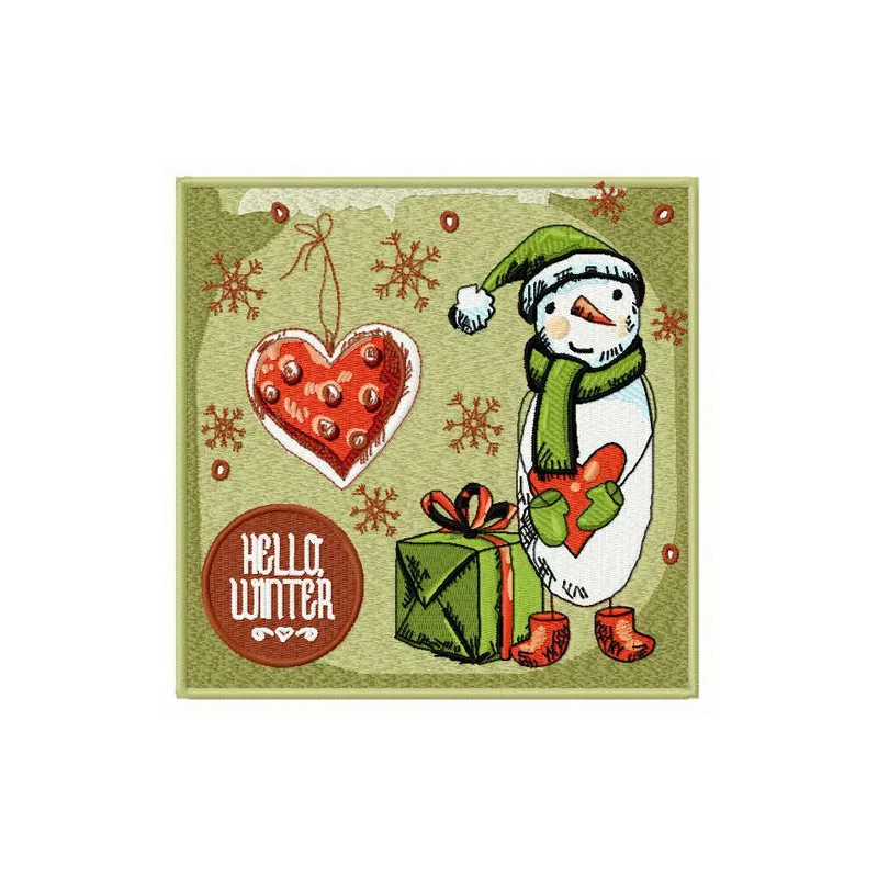 Hello winter embroidery design featuring a cheerful snowman, ideal for holiday projects and winter-themed stitching.