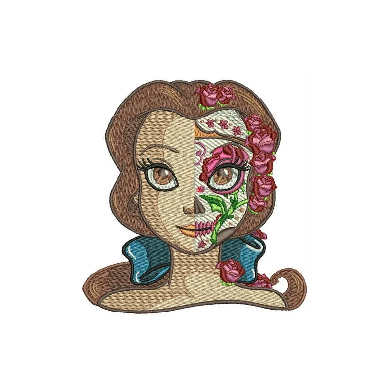 Fancy Belle embroidery design inspired by Beauty and the Beast, showcasing intricate stitched motifs for creative projects.