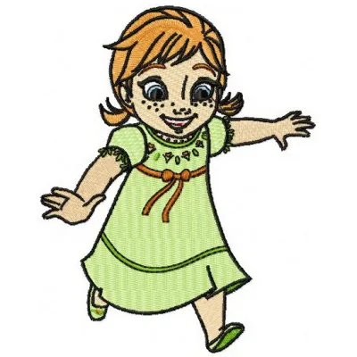 Preview of Anna running embroidery design from Frozen, showcasing a vibrant stitched motif for creative projects.