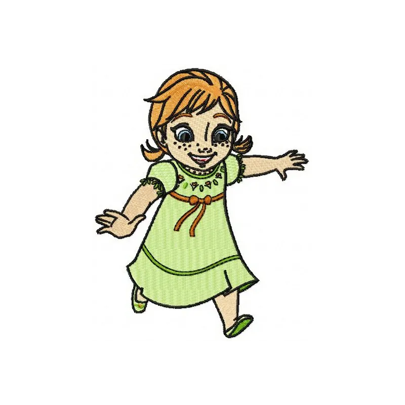 Preview of Anna running embroidery design from Frozen, showcasing a vibrant stitched motif for creative projects.