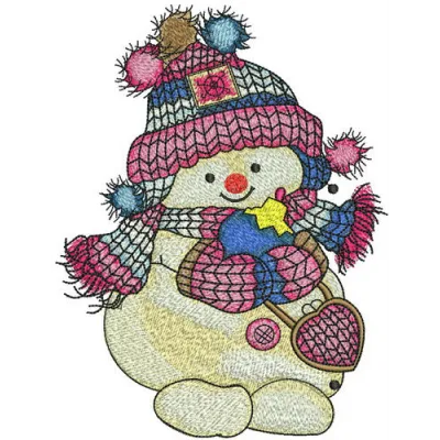Embroidery design of a cheerful snowman holding a Christmas ball, perfect for festive projects.