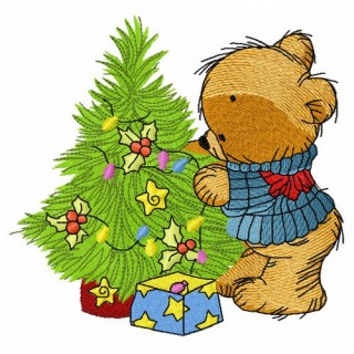 Bear decorating New Year tree 2 embroidery design - Embroidery Design