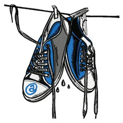 Wet gumshoes embroidery design featuring playful shoes, ideal for spring-themed projects on t-shirts and tote bags.