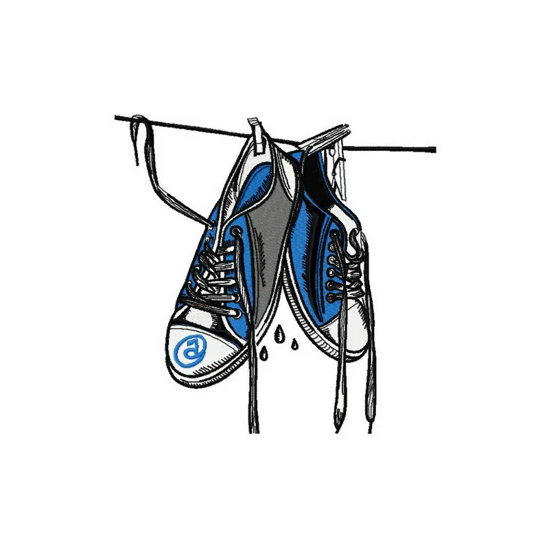 Wet gumshoes embroidery design featuring playful shoes, ideal for spring-themed projects on t-shirts and tote bags.