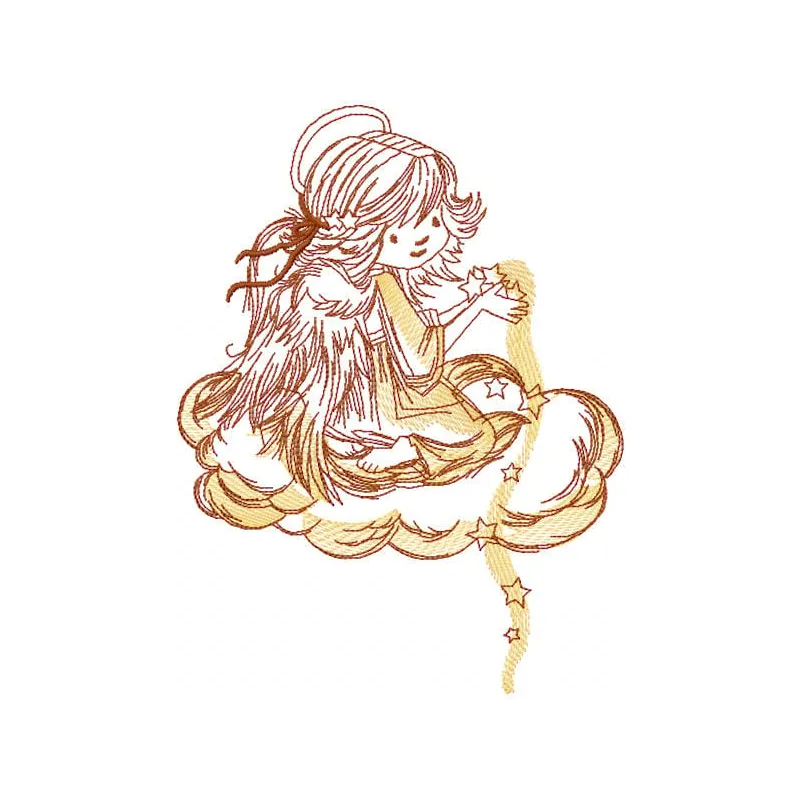 Embroidery design preview of an angel with star dust, showcasing intricate stitching patterns for creative projects.