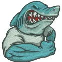 Angry shark embroidery design preview showcasing a fierce sea life motif for various stitching projects.