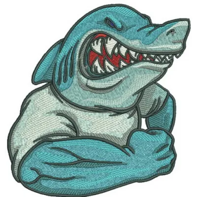 Angry shark embroidery design preview showcasing a fierce sea life motif for various stitching projects.