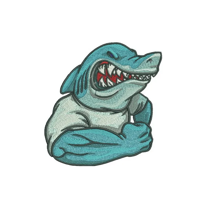 Angry shark embroidery design preview showcasing a fierce sea life motif for various stitching projects.