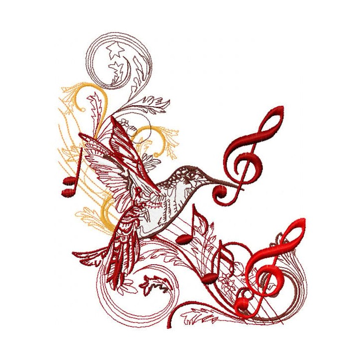 Musical humming-bird embroidery design - Embroidery Design
