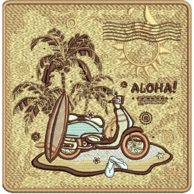 Aloha embroidery design showcasing vibrant tropical elements, ideal for enhancing t-shirts and tote bags.