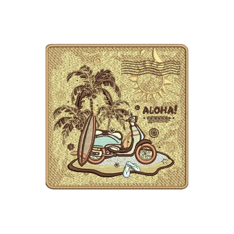 Aloha embroidery design showcasing vibrant tropical elements, ideal for enhancing t-shirts and tote bags.