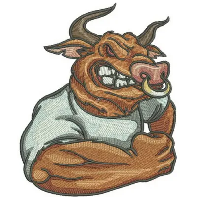 Angry bull embroidery design featuring bold lines and dynamic details, perfect for farm-themed projects.