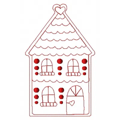 Preview of Gingerbread House 10 embroidery design featuring a whimsical gingerbread cottage with colorful details.