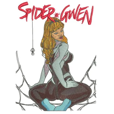 Spider-Gwen embroidery design showcasing a dynamic superhero motif for stitching on apparel and accessories.