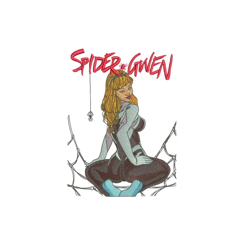 Spider-Gwen embroidery design showcasing a dynamic superhero motif for stitching on apparel and accessories.