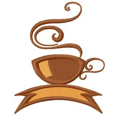 Embroidery design featuring a whimsical coffee cup motif, perfect for stitching on kitchen towels or tote bags.