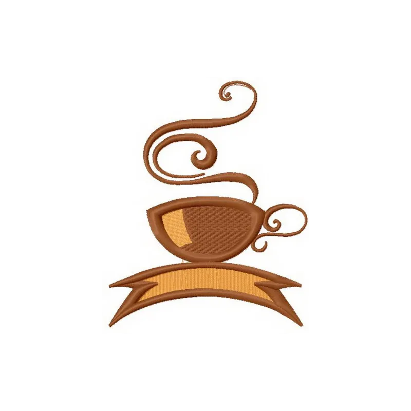 Embroidery design featuring a whimsical coffee cup motif, perfect for stitching on kitchen towels or tote bags.