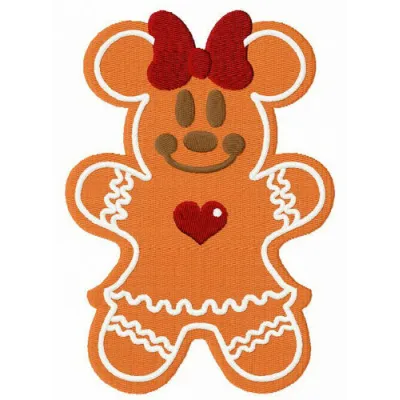Preview of Gingerbread Minnie Mouse embroidery design, showcasing a festive, whimsical stitched motif for holiday projects.