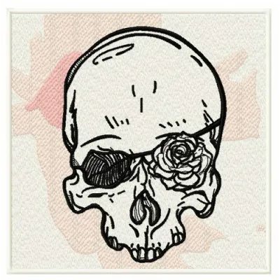 Romantic skull embroidery design showcasing intricate details, ideal for stitching on t-shirts and tote bags.