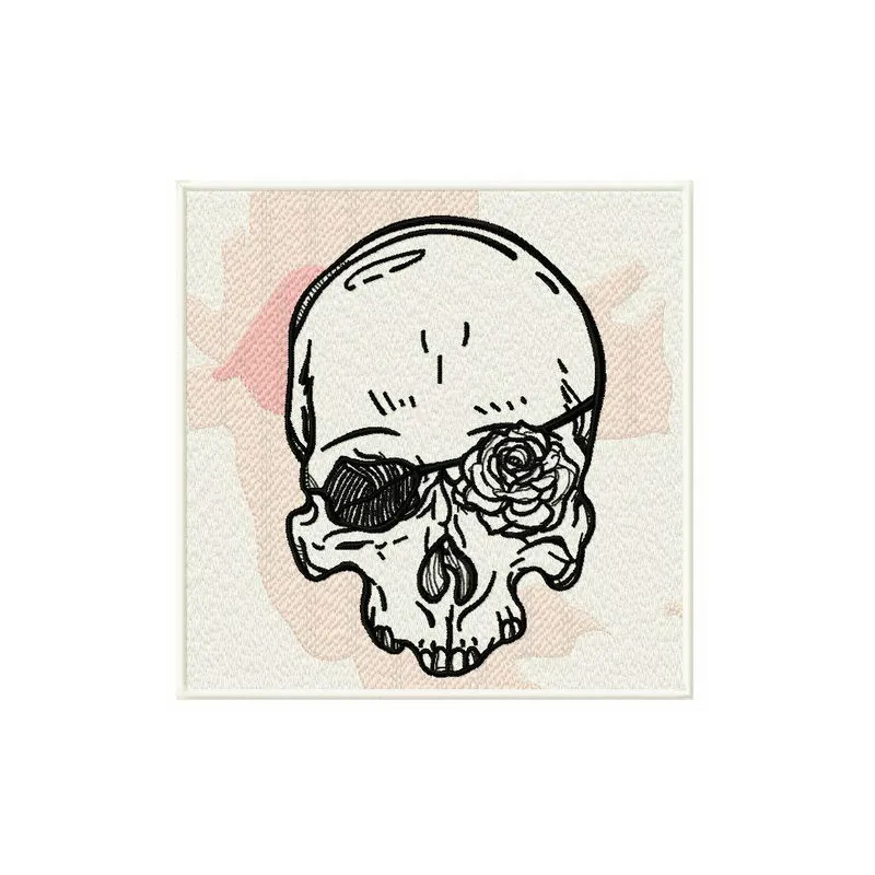 Romantic skull embroidery design showcasing intricate details, ideal for stitching on t-shirts and tote bags.